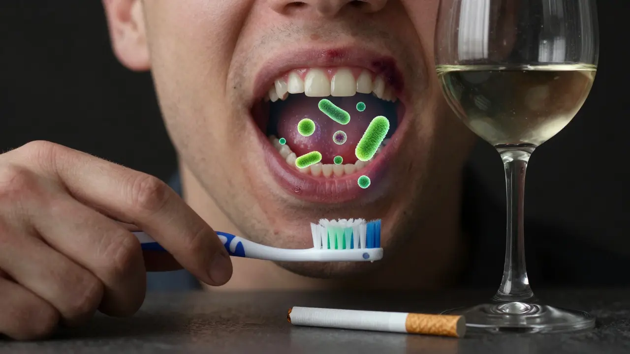 Porovnání zdravé a zánětlivé dásně s faktory rizika: kouření, alkohol a špatná hygiena.