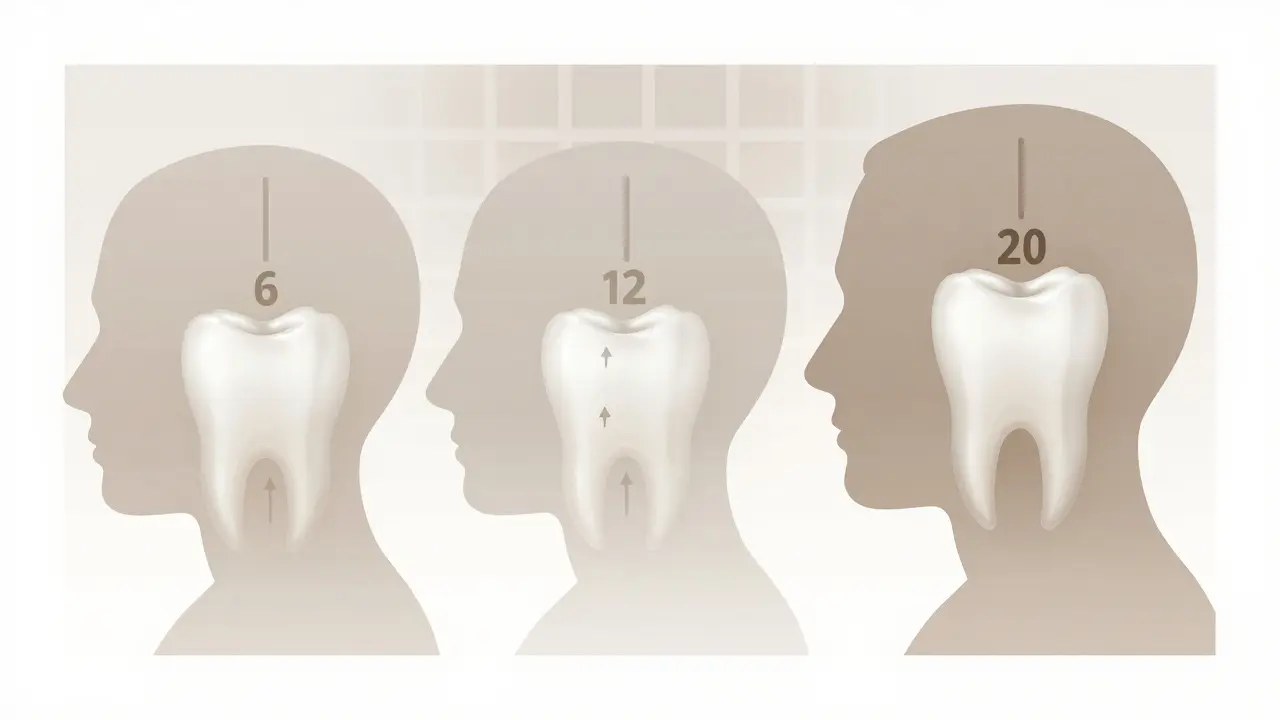 Postupné vyrůstání molárů od šesti let do dvaceti let.