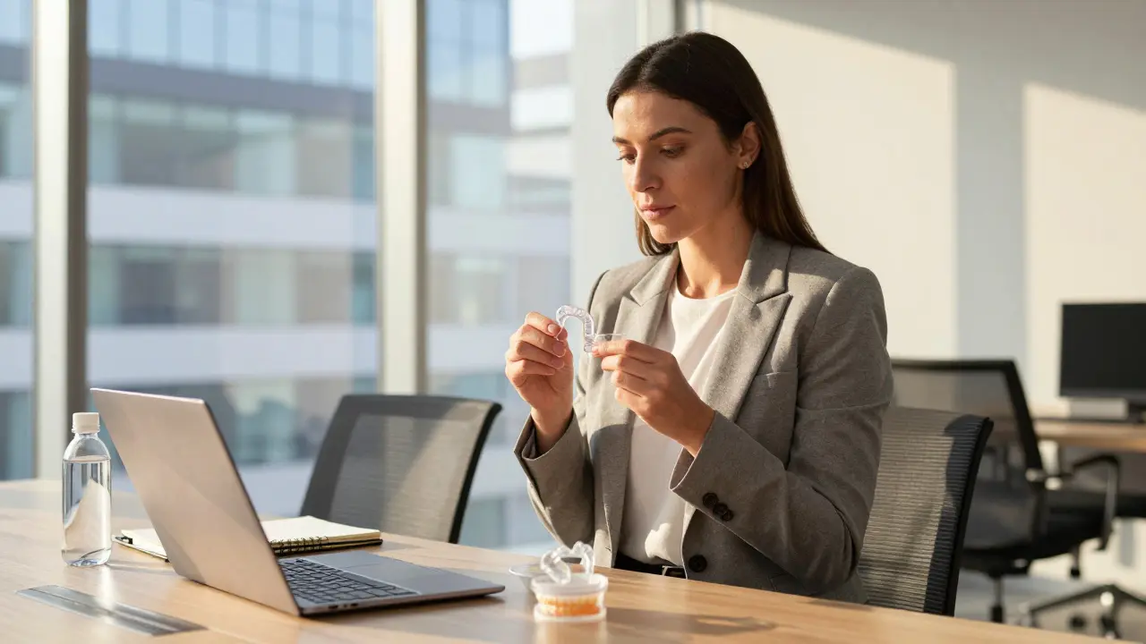 Profesionál si bere pauzu na odložení rovnátek v kanceláři