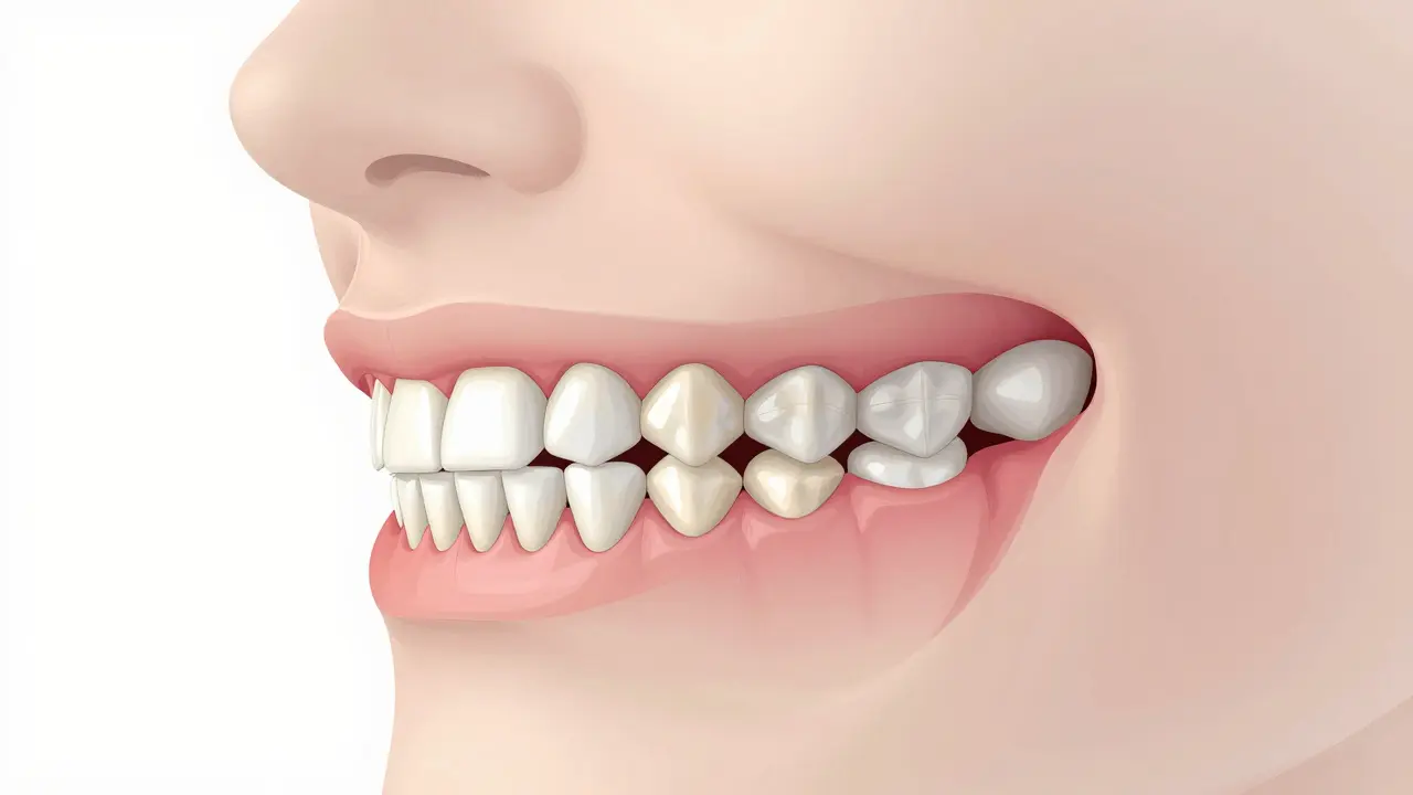 Profyl čelisti s viditelným rozlišením mezi předními zuby a moláry.