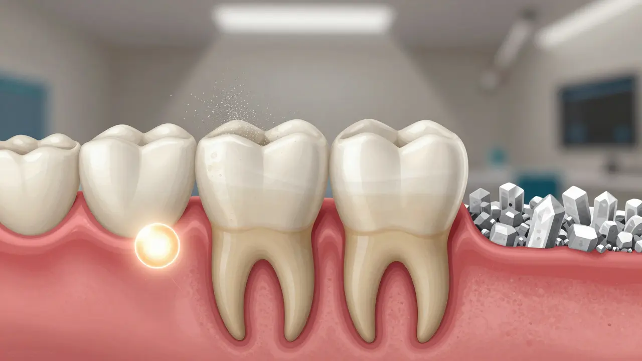 Průřez zubem ukazující odstranění povrchových skvrn a obnovu sklovinky pomocí hydroxyapatitu.