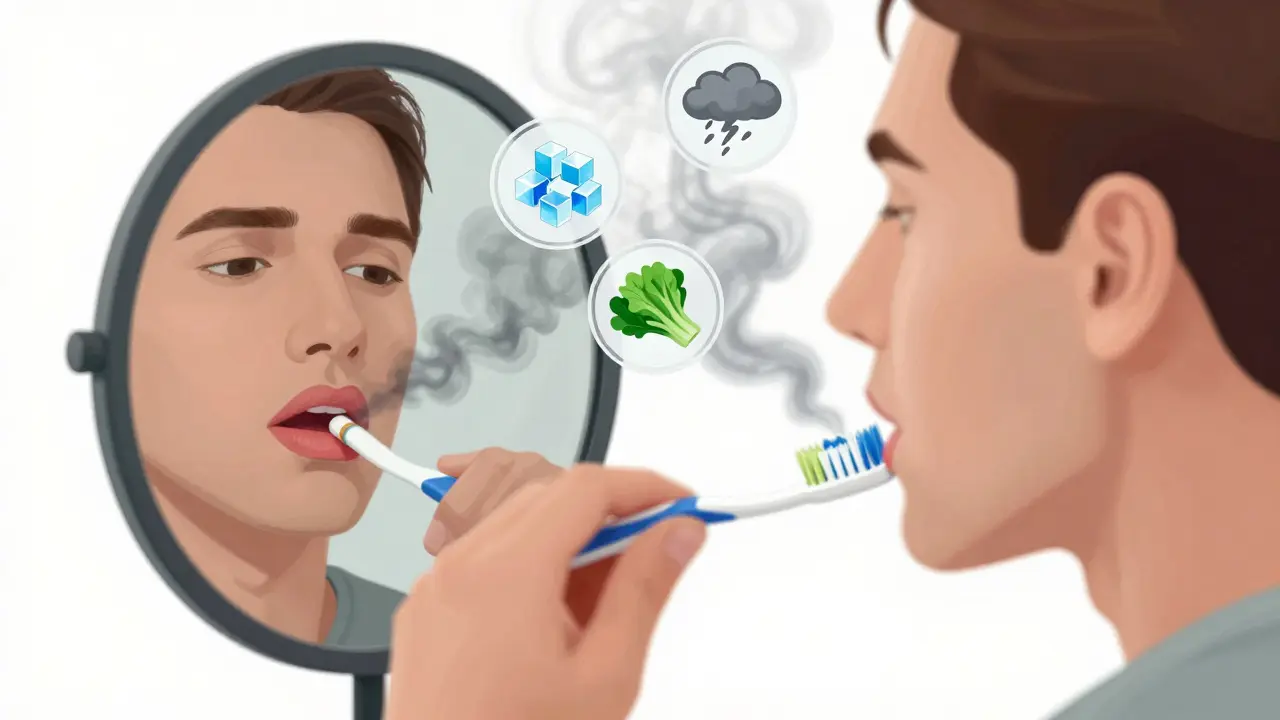 Ruka drží kartáček, zrcadlo odhaluje kouř, cukr a stres jako příčiny zánětu dásní.