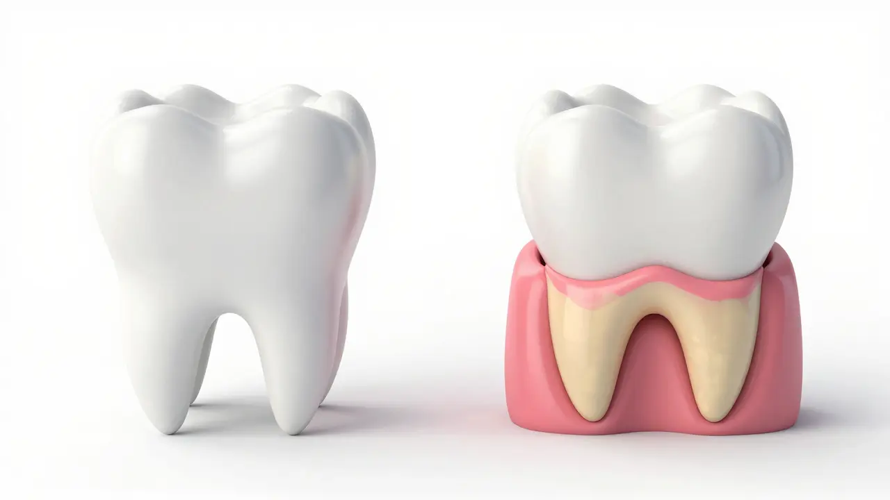 Srovnání zdravého a nemocného zubu se staženou dásní v klinickém stylu.