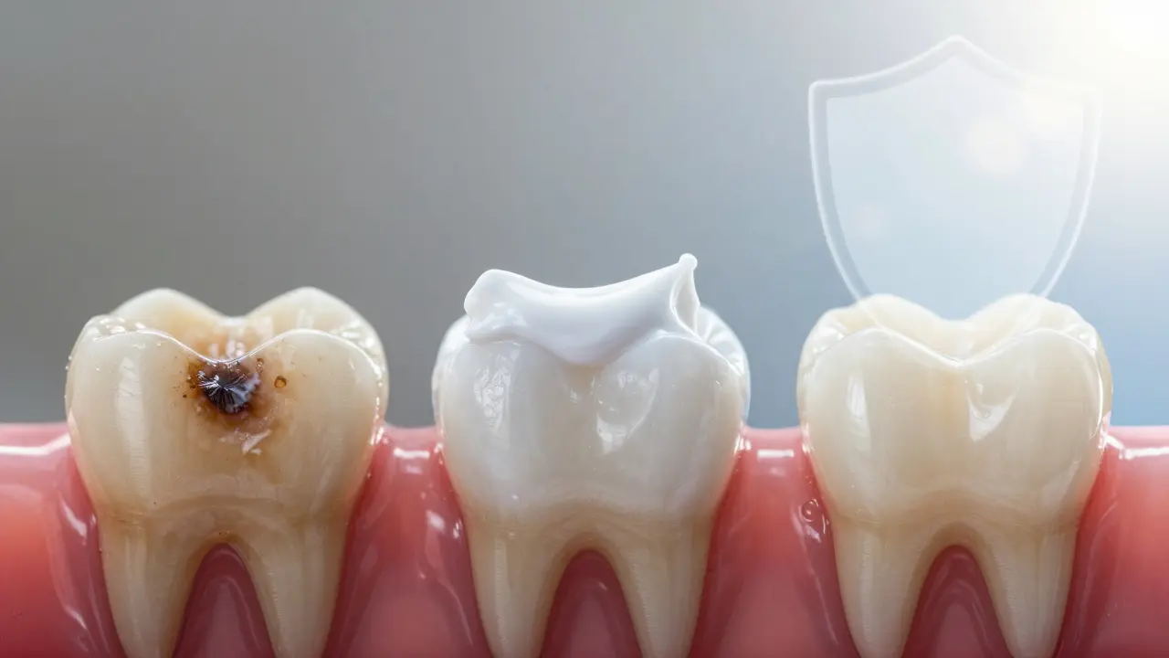 Timeline ukazující přechod zubu od kamenů k hladkému, zdravému povrchu po péči.