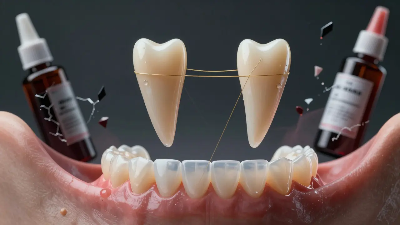 Upíří zuby nad ústy s bezpečnou náhradou, toxickej lepidla v pozadí.