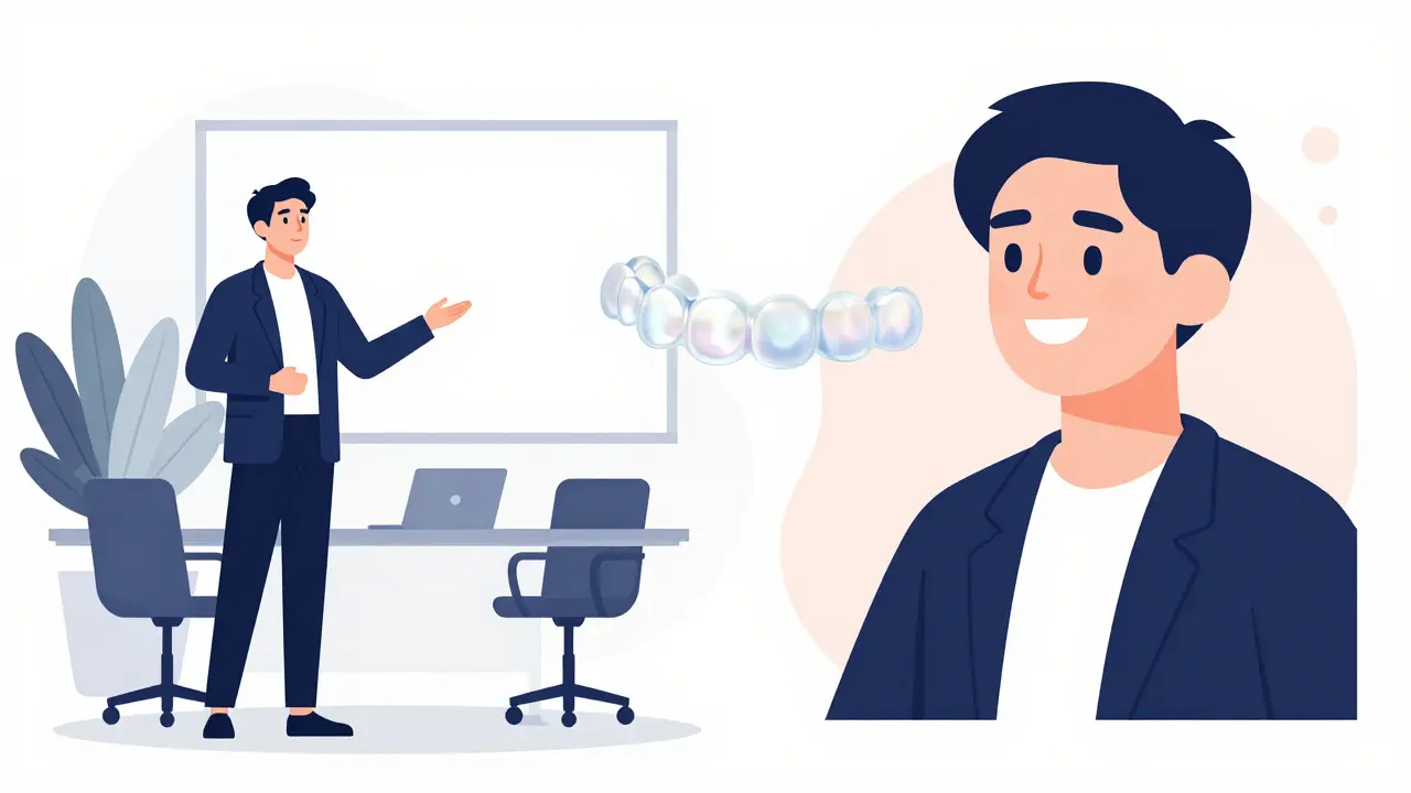 Úspěšný člověk s neviditelnými rovnátky při prezentaci