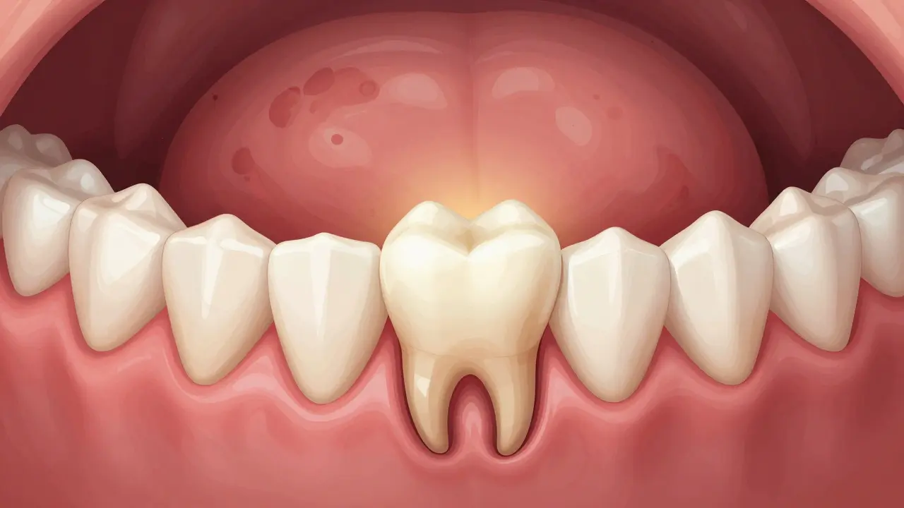 Vnitřní pohled na hojící se dásně a zubní kořen.