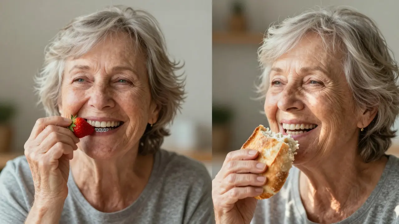 Žena s nasazovacími zuby jedí jahody a později s pevnými protézami chleba, znázorňující změnu kvality života.