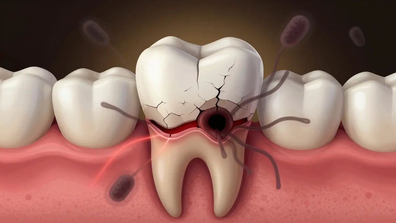 Zub postupně ničený kariésí, s infekcí šířící se do kořene.