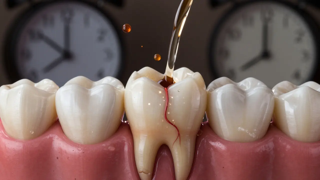 Zub s odhaleným kořenem trpí citlivostí na teplé a studené potraviny, zubní kámen se tvoří na okraji.