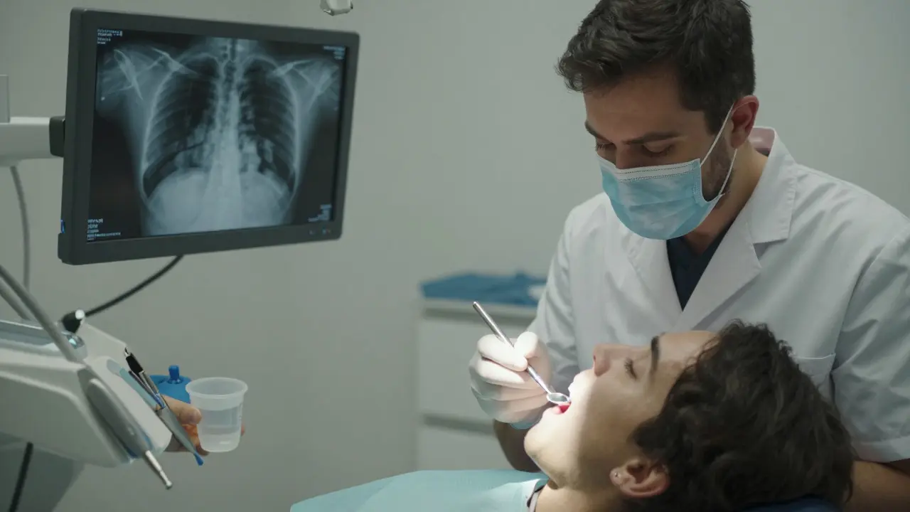 Zubní lékař prohledává ústa pacienta po podezření na infekci po bělení.