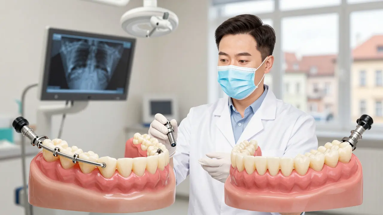 Zubní lékař v Brně vysvětluje pacientovi rozdíl mezi nasazovacími zuby a pevnou protézou na implantacích.