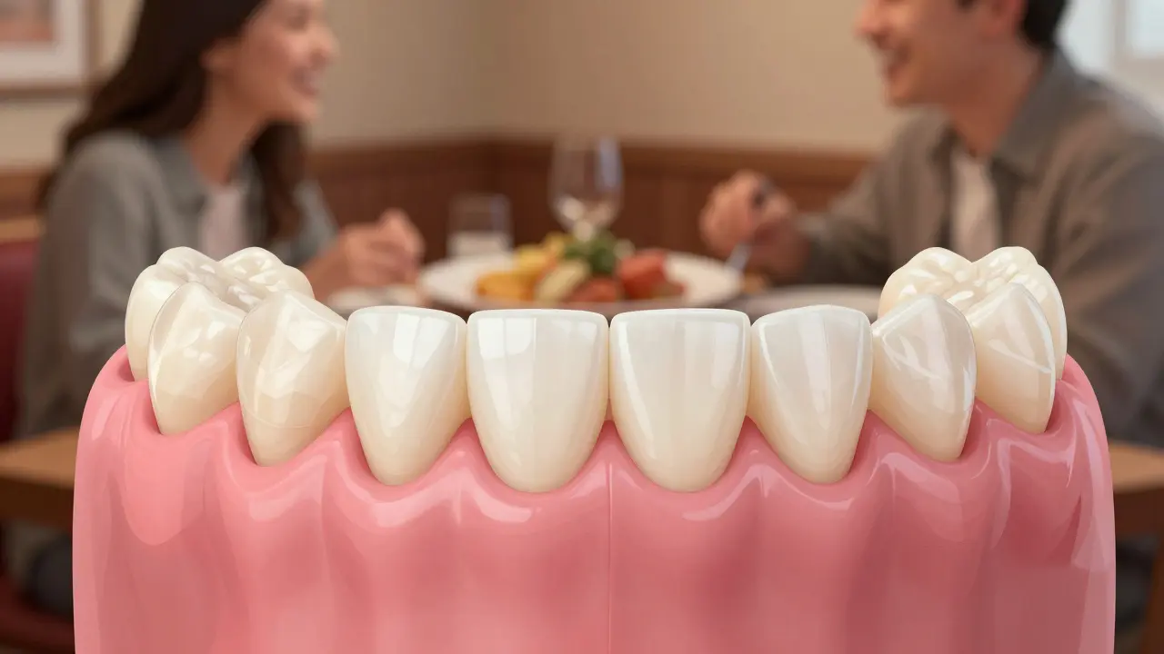 Zubní protéza pevně přilnutá k dásním, s jídlom a úsměvem na pozadí.