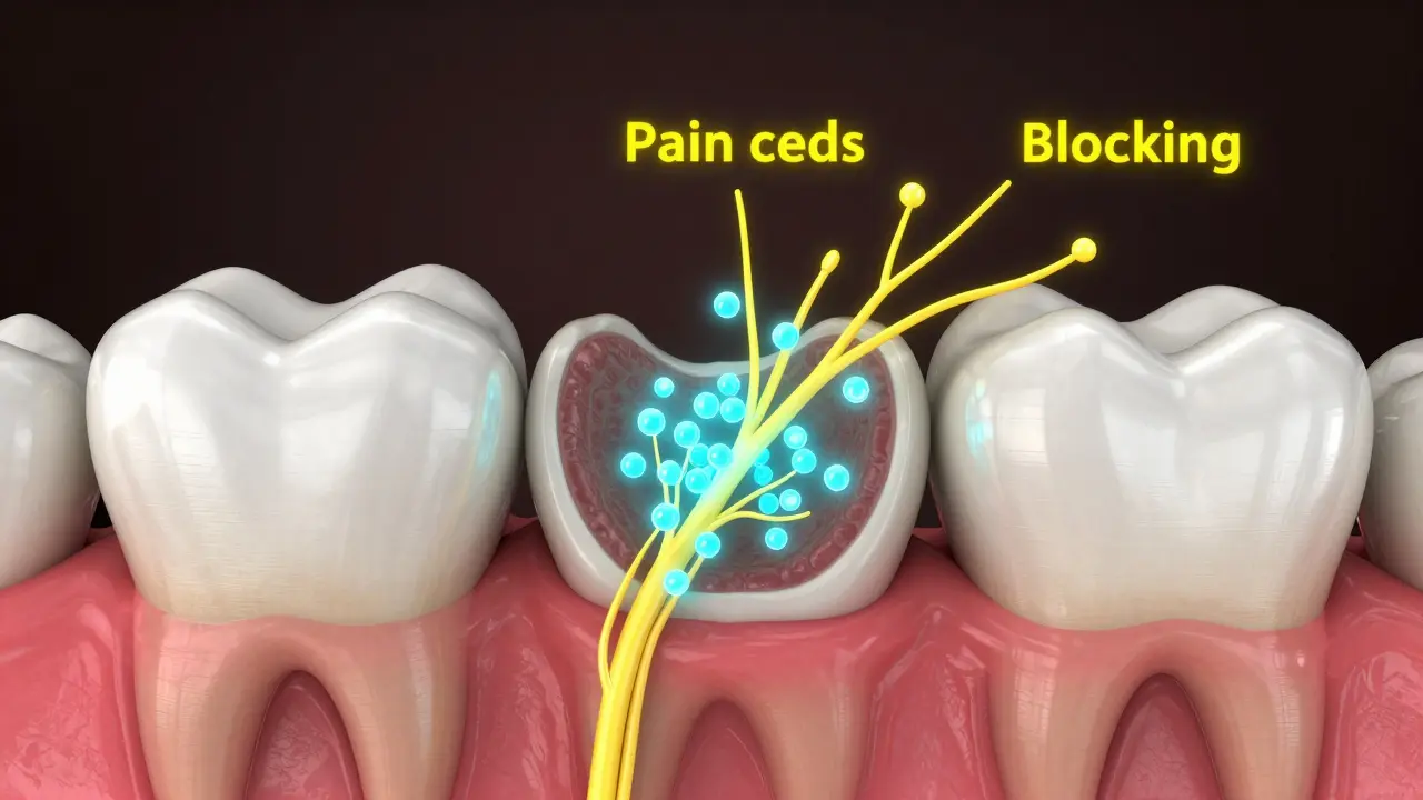 3D ilustrace blokování bolestivých signálů v nervu pomocí anestezie.