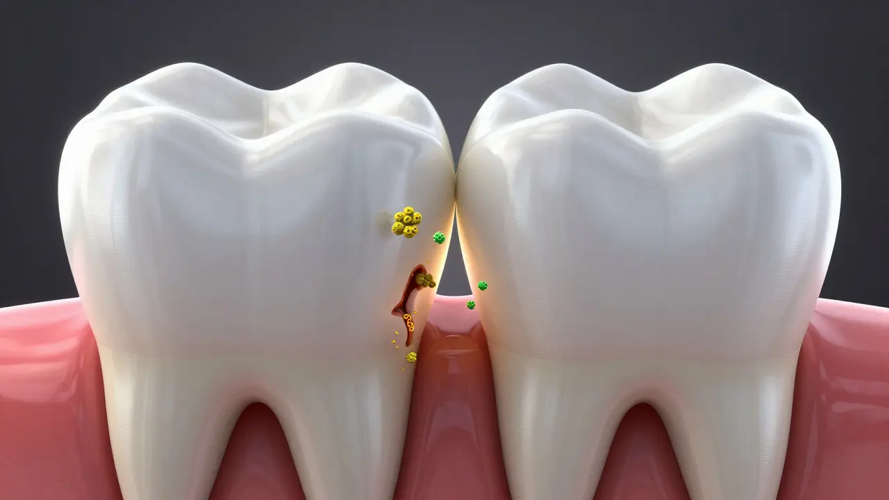 3D ilustrace mezizubního kazu mezi dvěma zuby