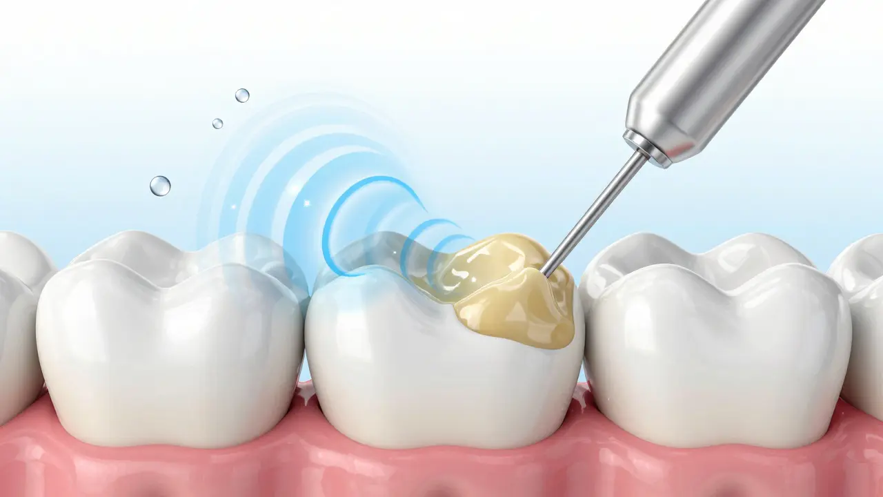 3D ilustrace procesu odstranění zubního kamene pomocí ultrasonických vibrací.