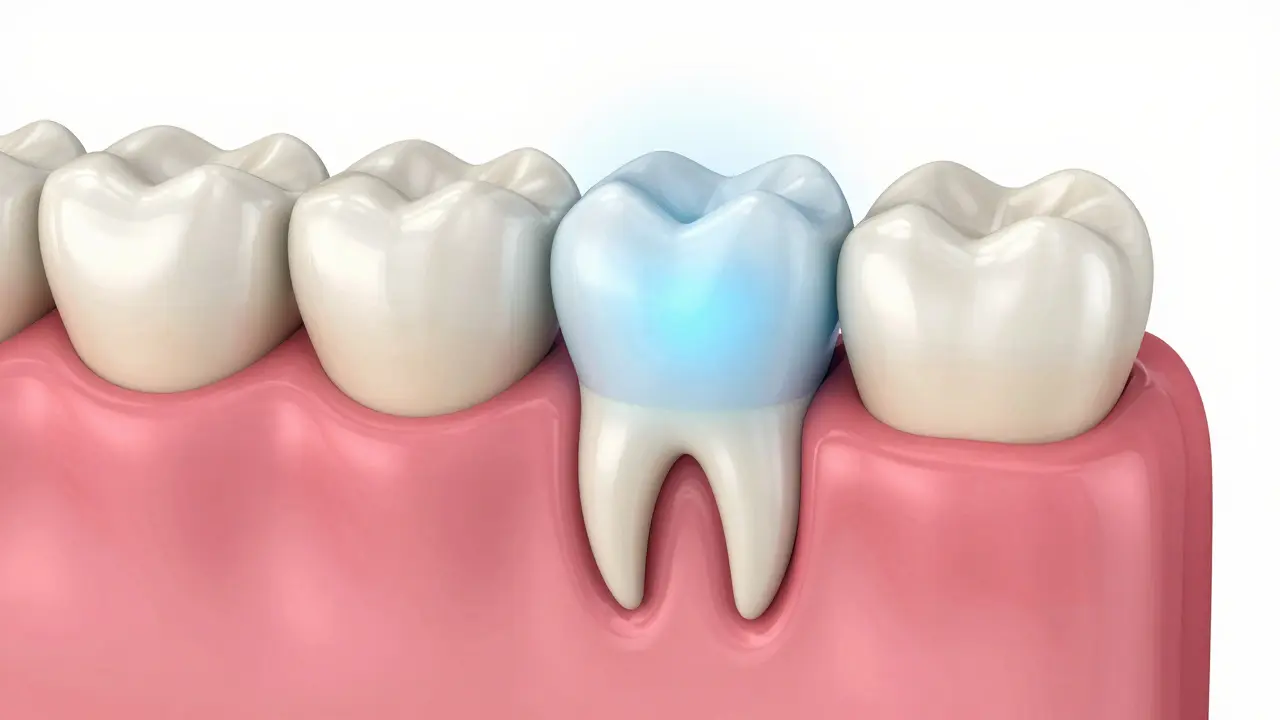 3D ilustrace průřezu zubu a dásně znázorňující hloubkovou kyretáž.