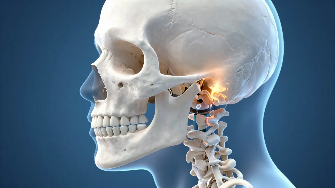 3D lékařské znázornění čelistního kloubu s vyznačenými oblastmi napětí.