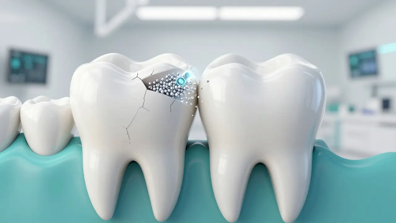 3D model zubu znázornující proces remineralizace a vyplňování prasklin v zubní sklovině.
