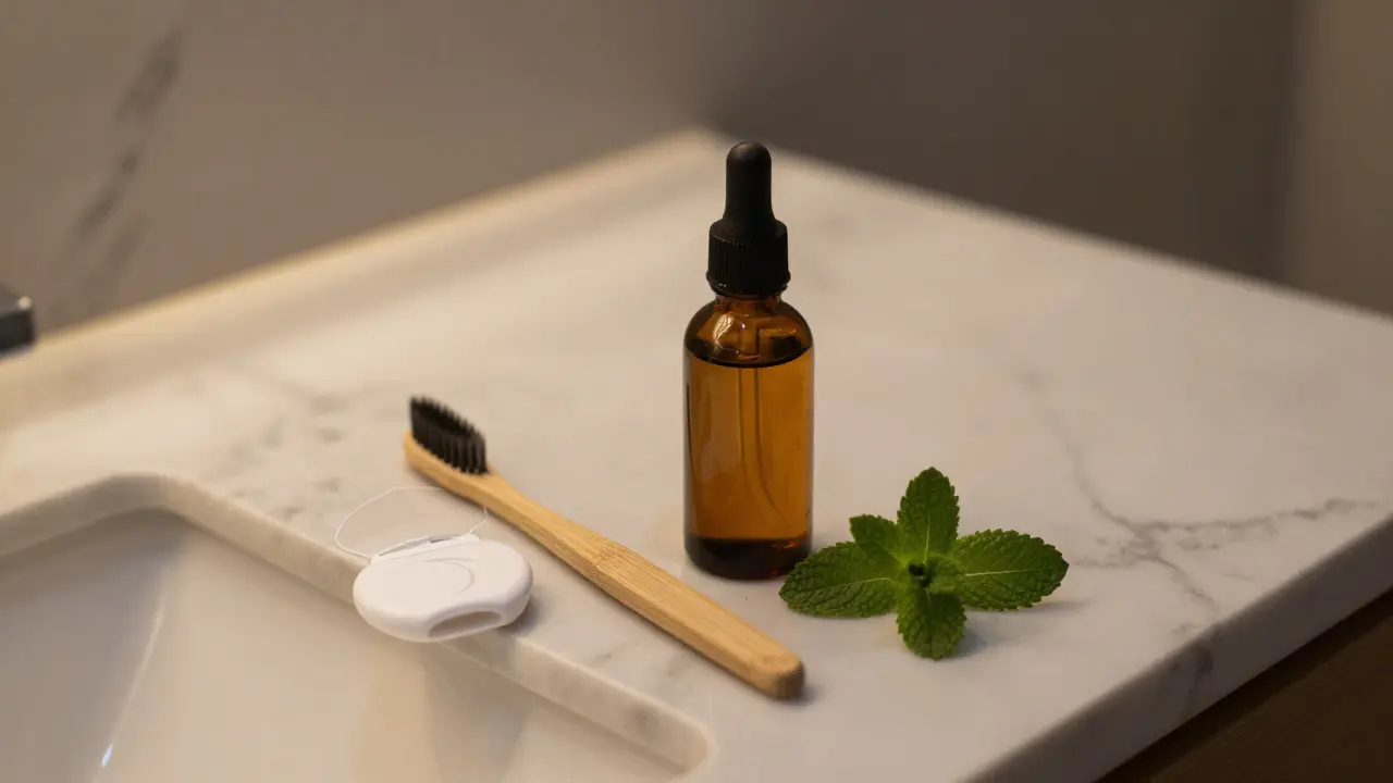 Bambusový kartáček, ekologická nit a bylinkový výplach na mramorovém stole.