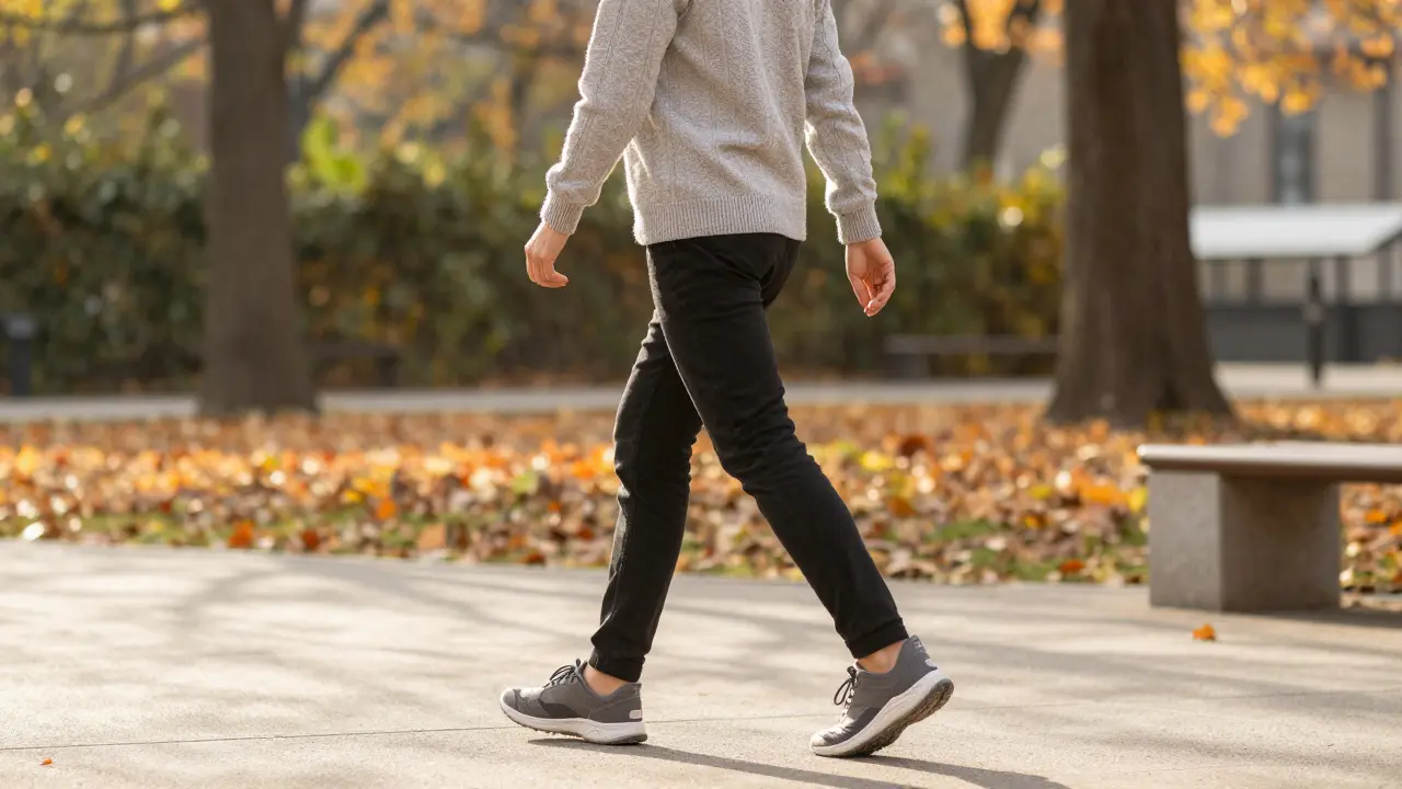 Člověk na procházce v parku pro zlepšení krevního oběhu po zákroku.