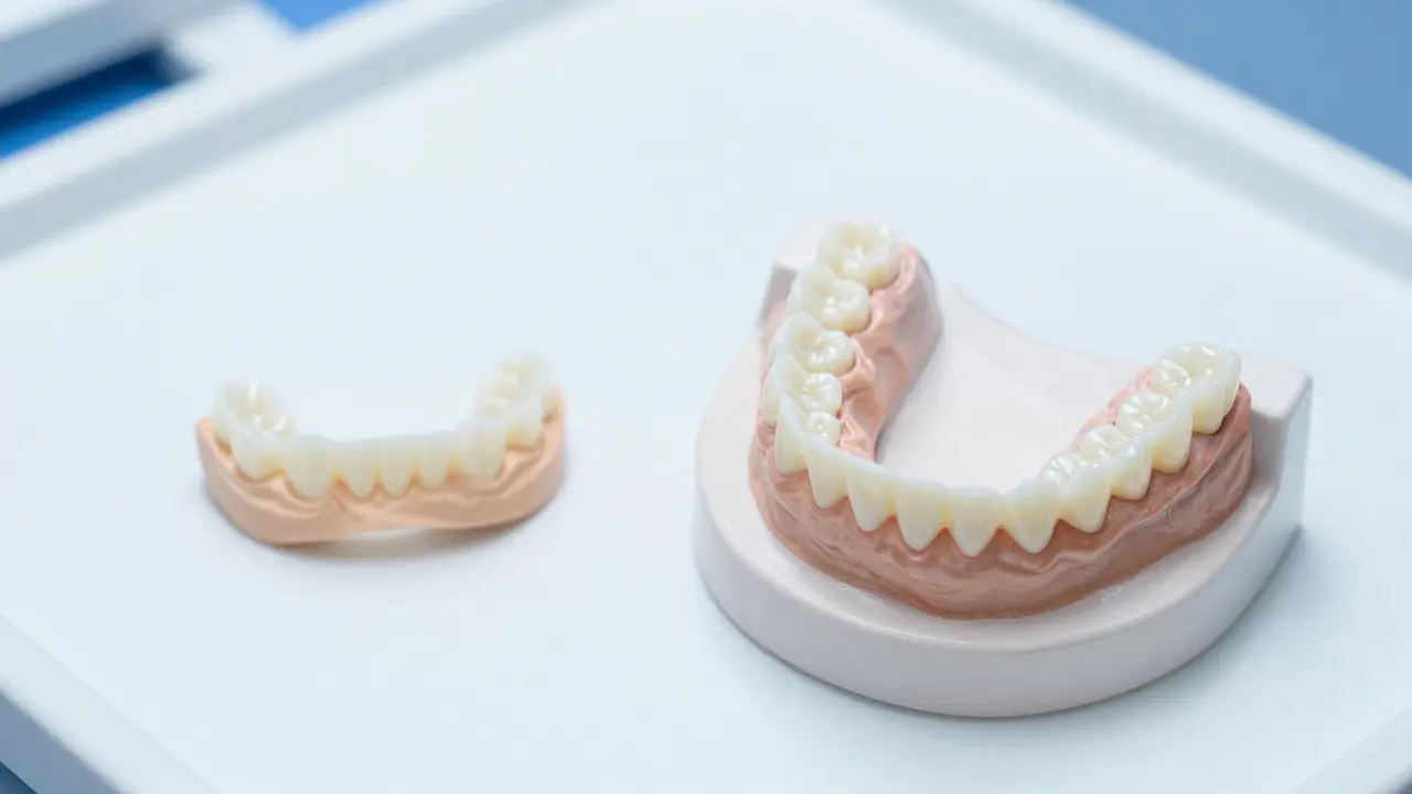 Detail porcelánové fasety a modelu úsměvu v dentální laboratoři.