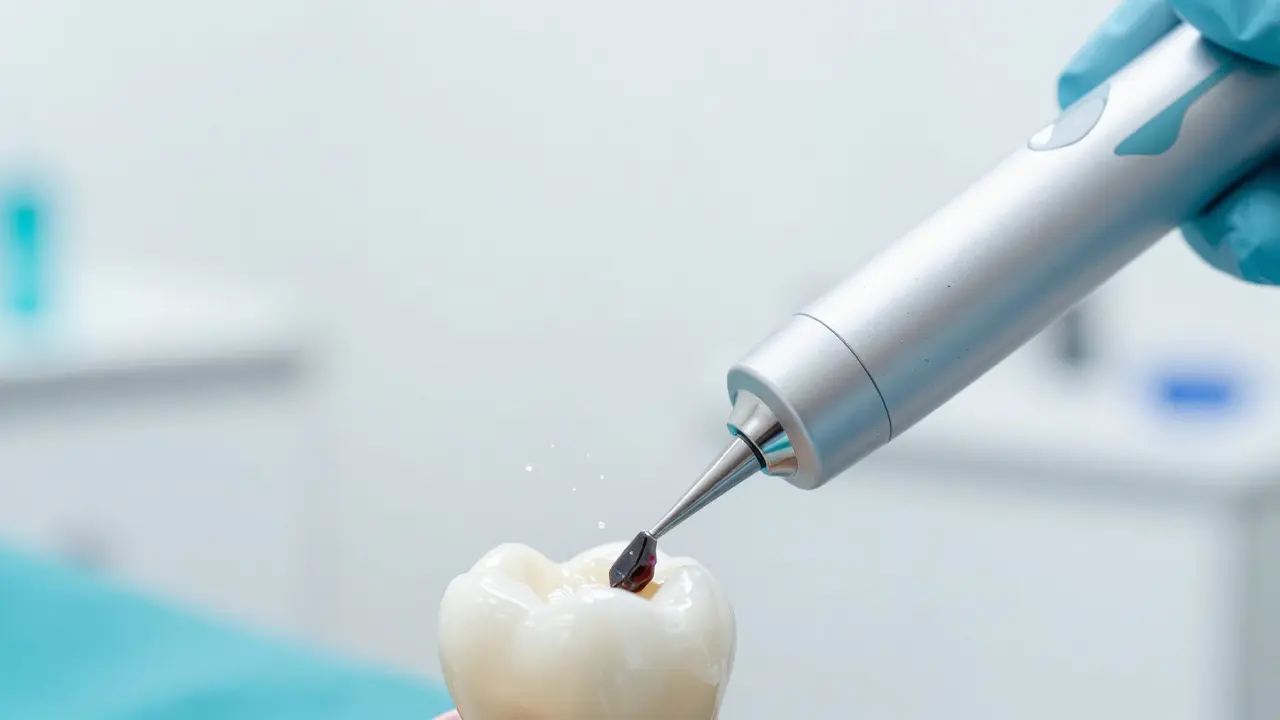 Detail ultrazvukového čištění odstranívajícího černý zubní kámen.