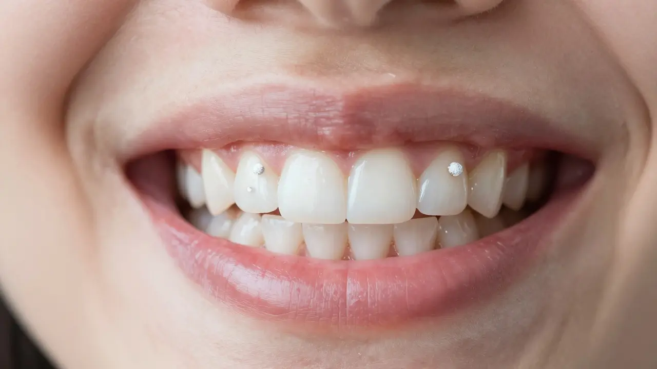 Detailní pohled na zuby s bílými křídovými skvrnami, které jsou příznakem demineralizace.