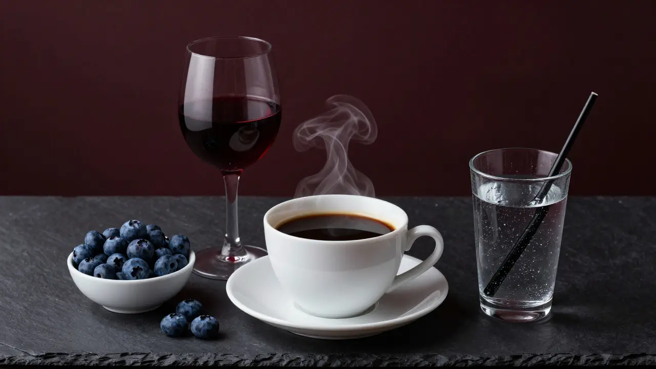 Káva, červené víno a borůvky jako příklady potravin barvících zuby.