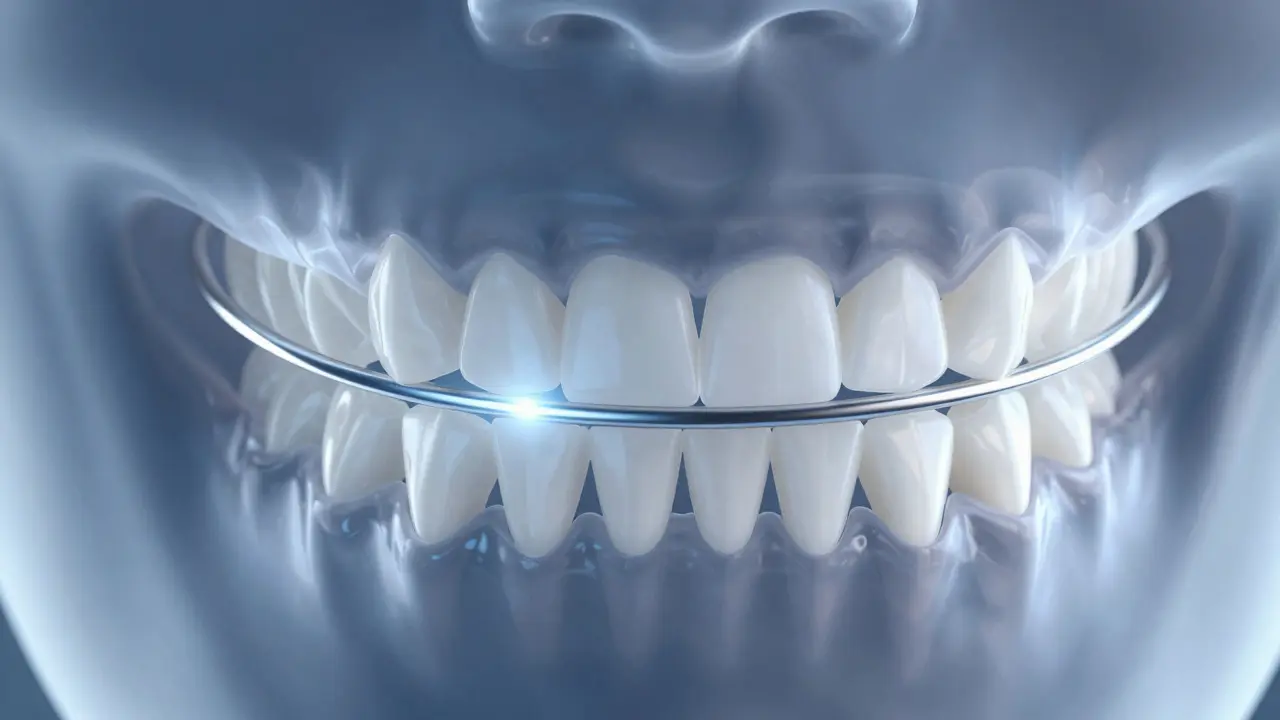 Koncepční ilustrace fixního retaineru bránícího relapsu zubů.