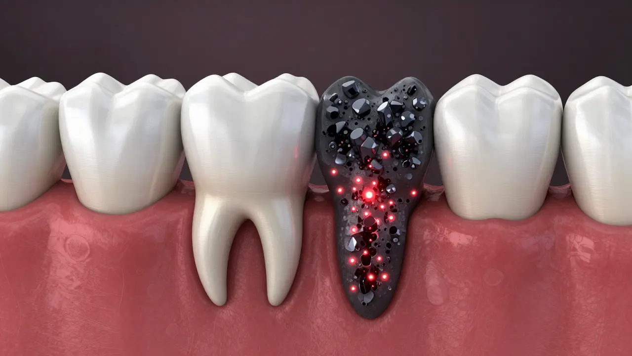 Konceptuální zobrazení tvorby černého zubního kamene v dásních.