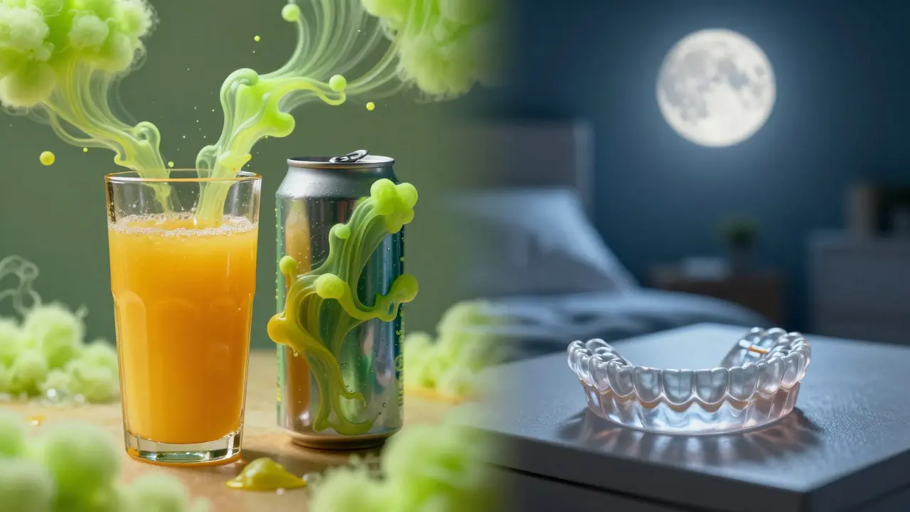 Kyselé nápoje způsobující erozi zubů vedle ochranné dlahy proti nočnímu skřípání zubů.