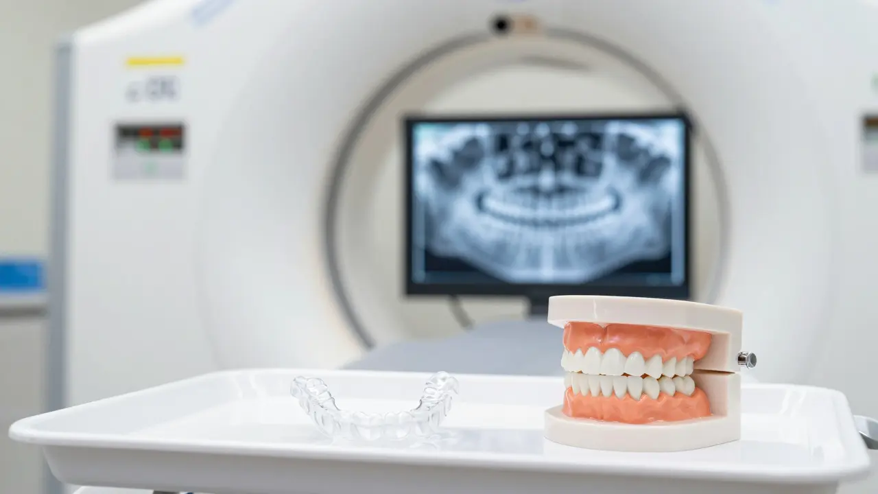 Ortodontické alignery a rentgen čelistí v moderní zubní ordinaci.