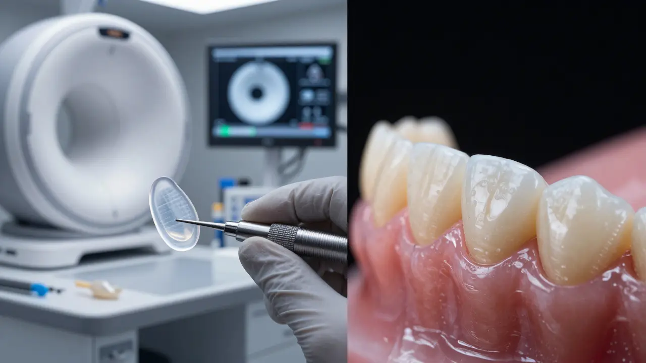 Proces výroby keramické faseti v zubní laboratoři a její detail.
