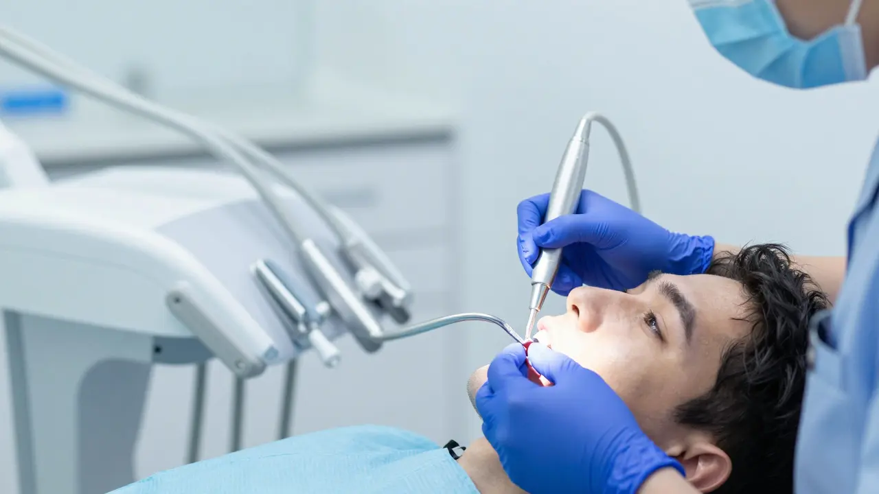 Profesionální čištění zubů u hygienika v moderní zubní ordinaci.