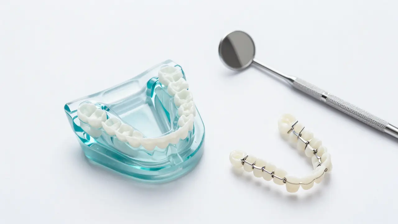 Sada moderních ortodontických pomůcek, včetně průhledného aligneru.