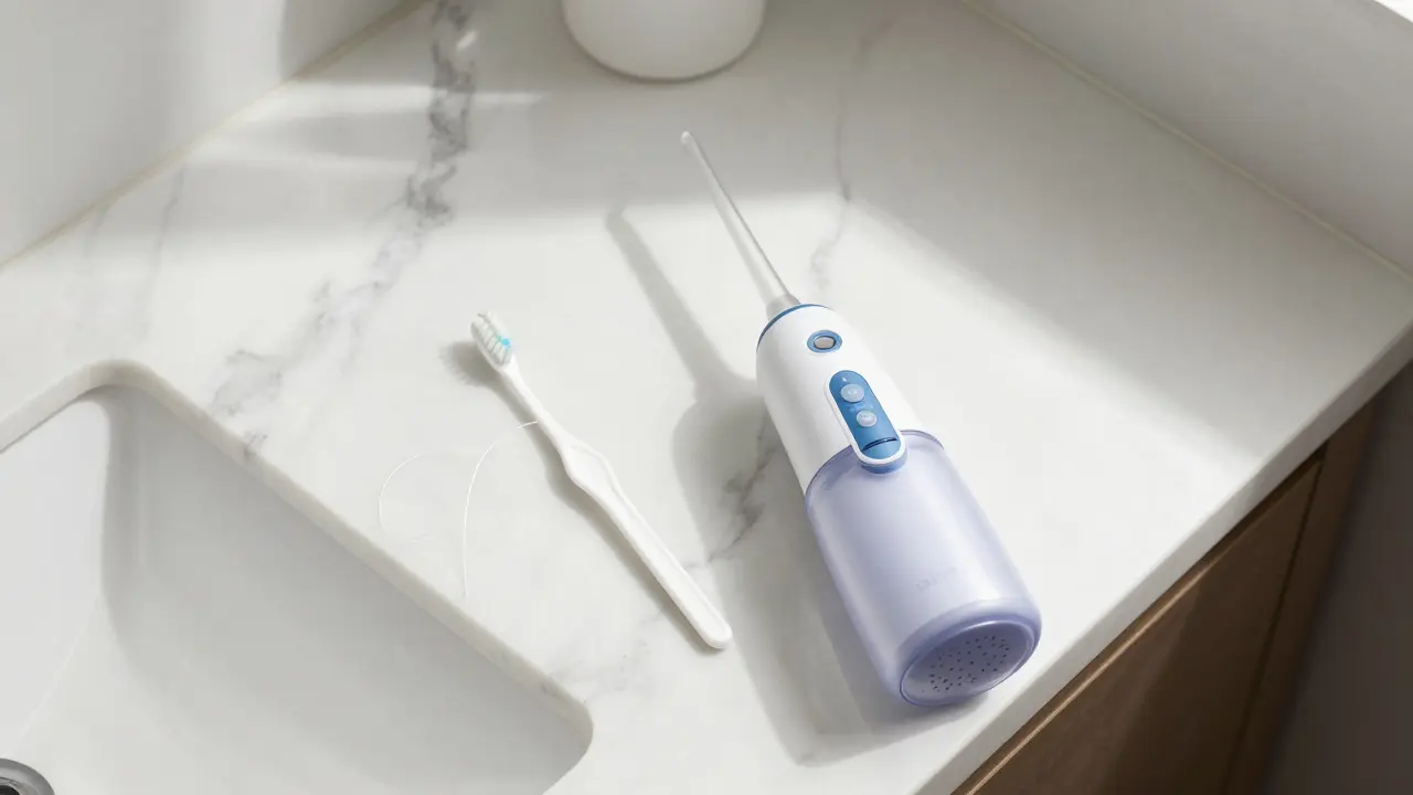 Sada pomůcek pro hygienu zubů včetně mezižlubního kartáčku a nitě.