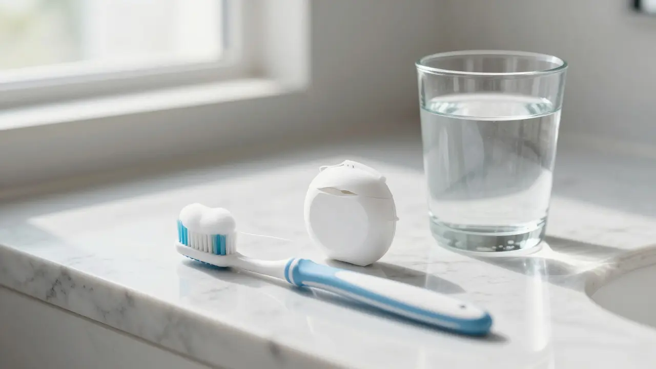 Sada pro denní hygienu: měkký kartáček a zubní nit na mramorovém povrchu.
