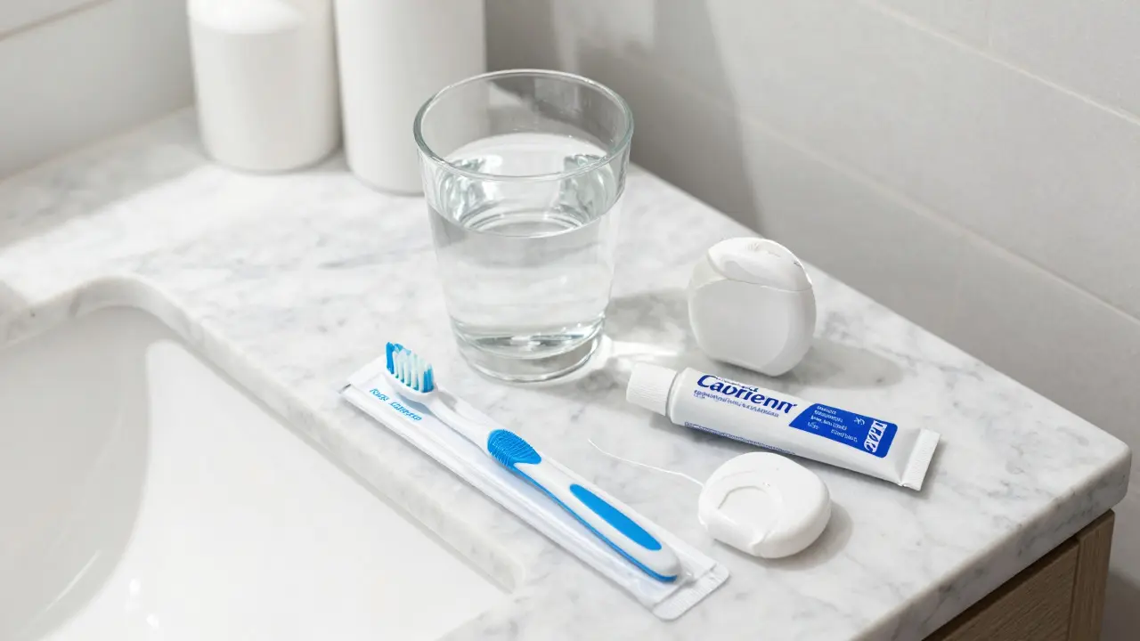 Sada pro mezizubní hygienu: kartáčky, nit a fluoridový gel