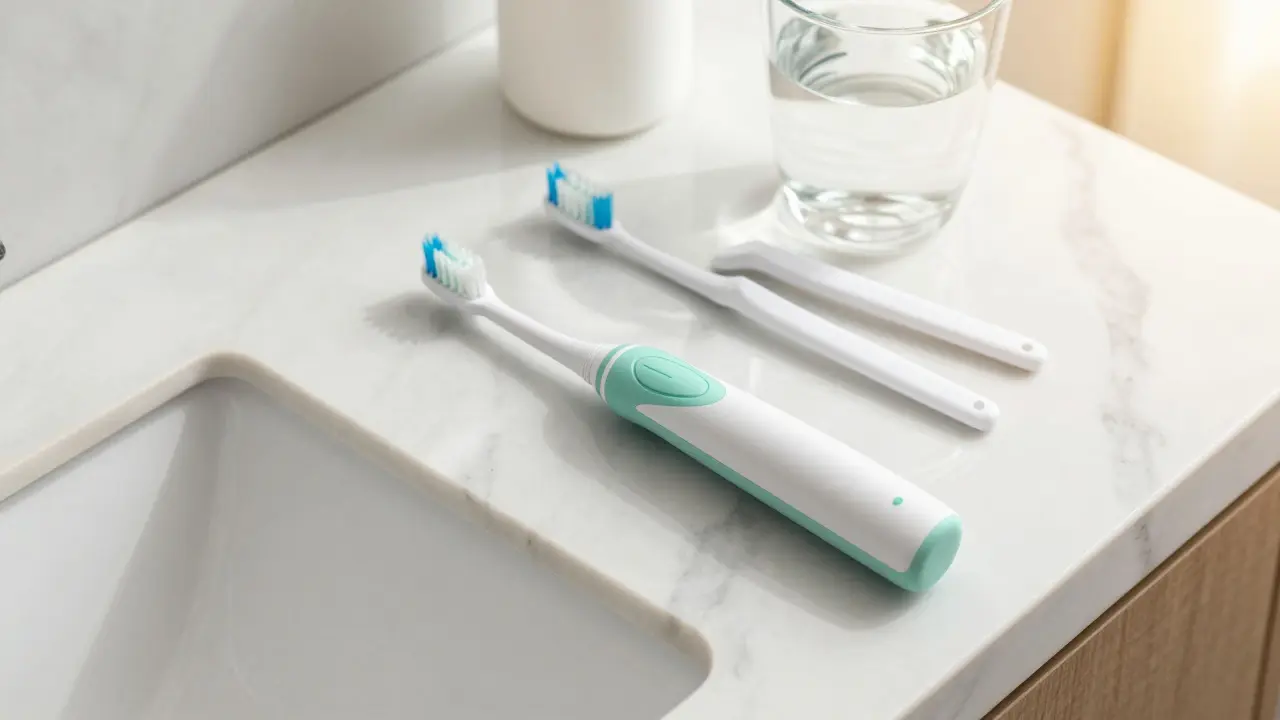 Sonický kartáček a doplňky pro hygienu úst na mramorovém stole