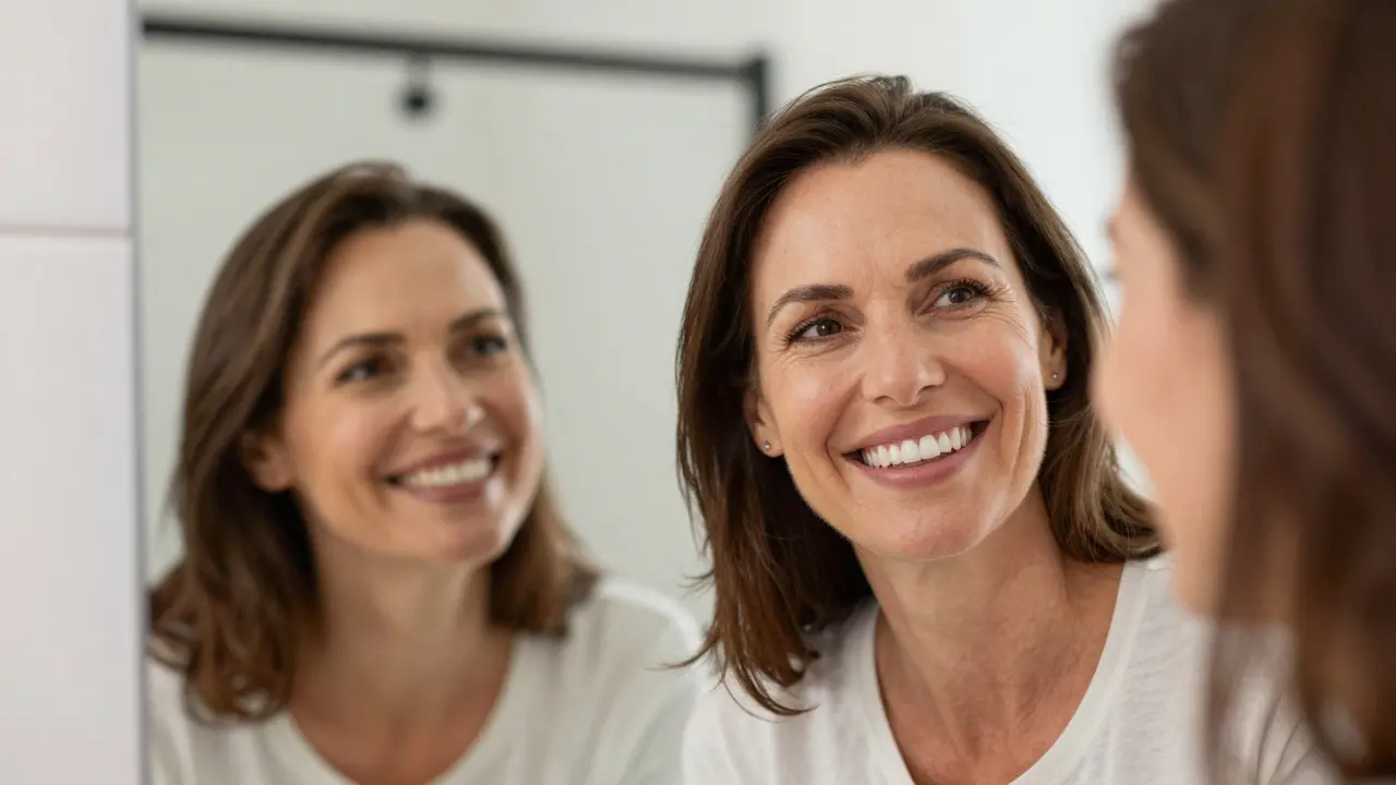 Spokojený člověk se zdařilým úsměvem se dívá do zrcadla.