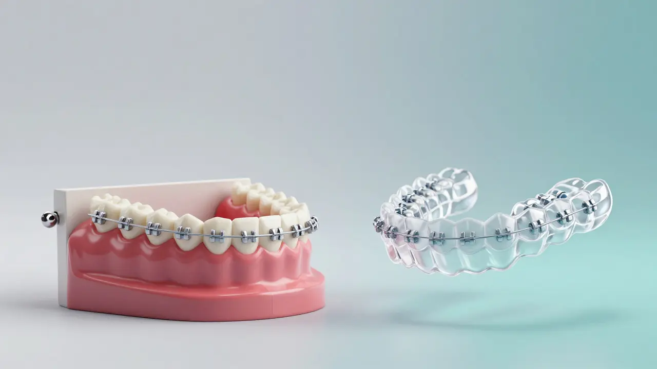 Srovnání tradičních kovových záklop a průhledných alignerů pro rovnání zubů.