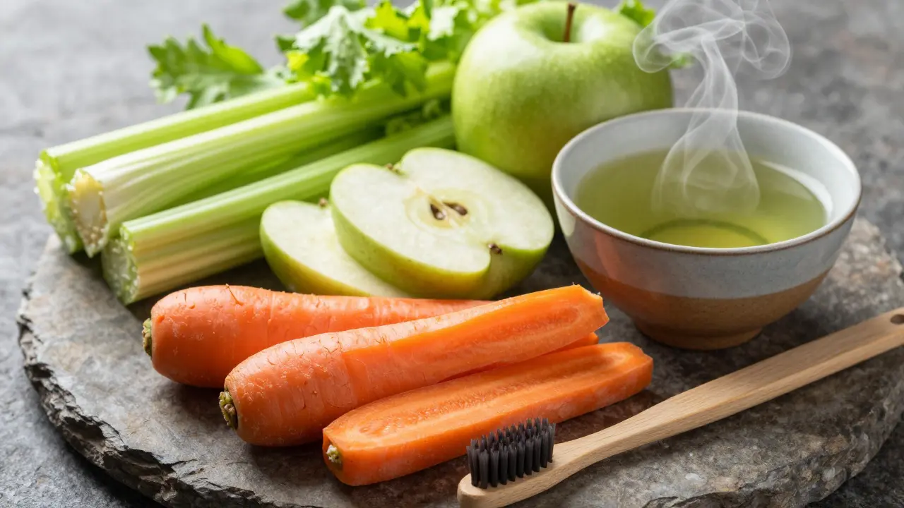 Syrová mrkev, jablka a šálek zeleného čaje na rustikálním podnose.