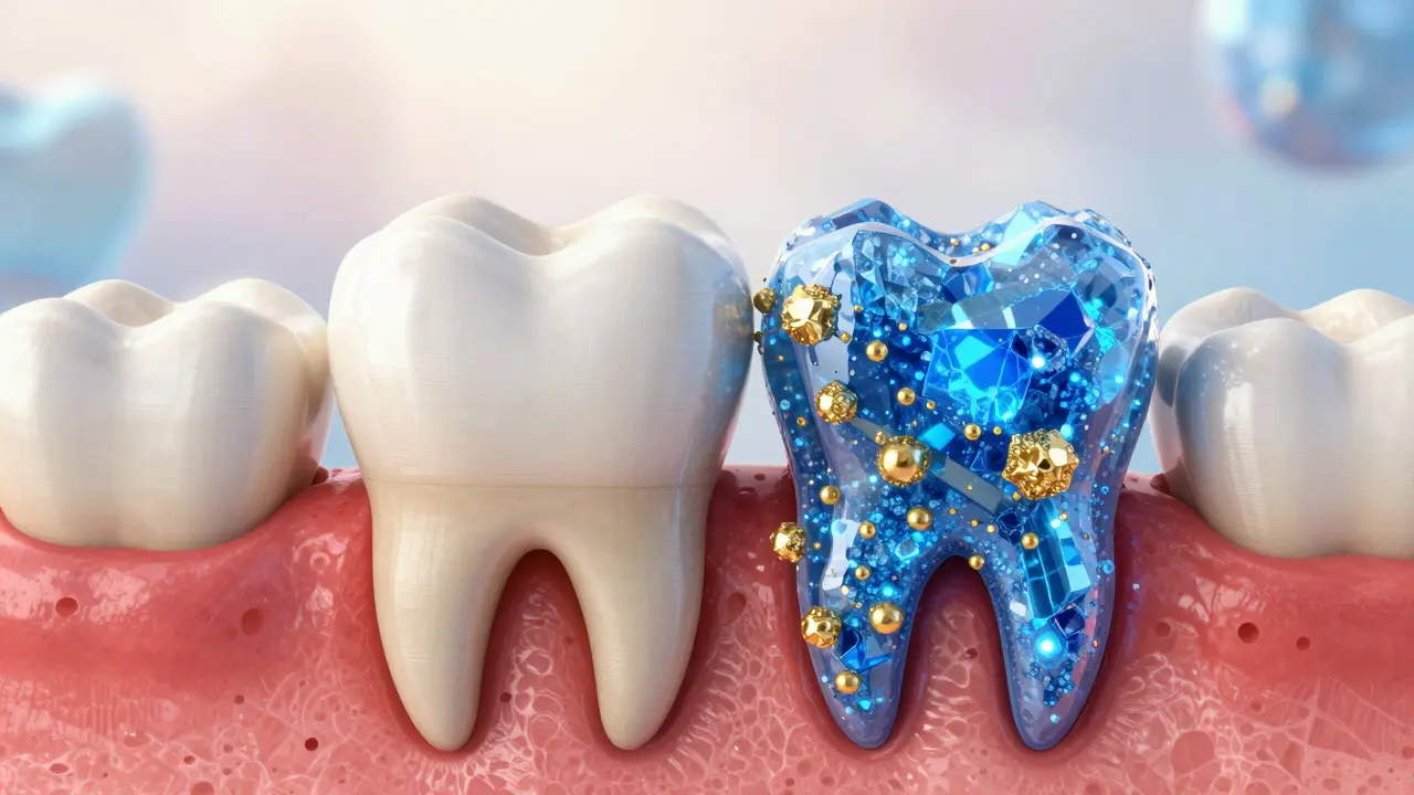 Umělecké znázornění procesu remineralizace, kdy minerály zpevňují a plní porézní zubní skelinu.