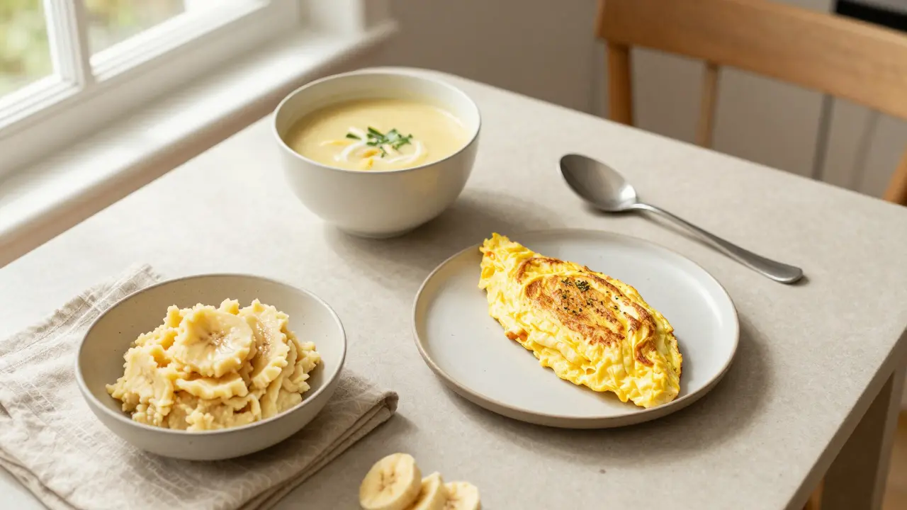 Zdravé měkké potraviny jako vlažná polévka a omeleta pro hojení dásní.