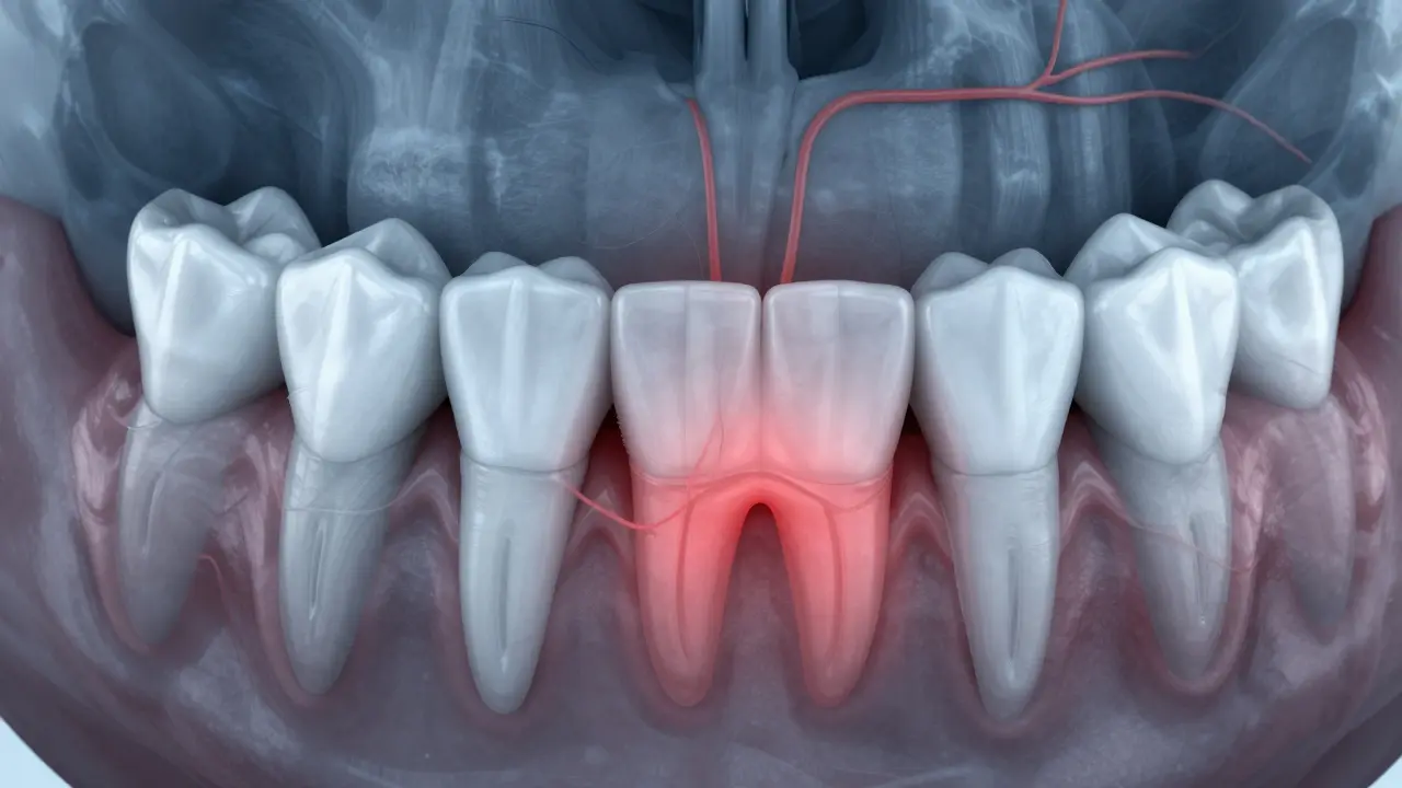 3D vizualizace impaktovaného moudrého zubu uvnitř čelisti s zánětem