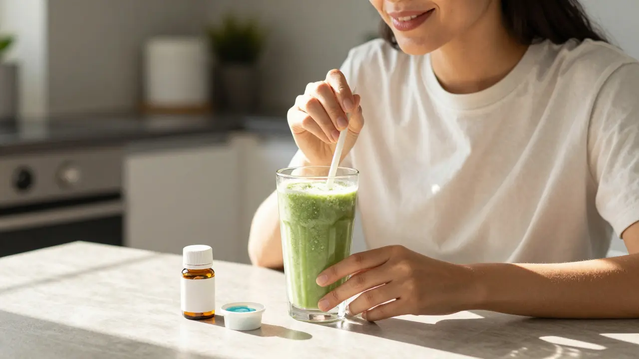 Člověk pije smoothie přes slamku s rovnátky