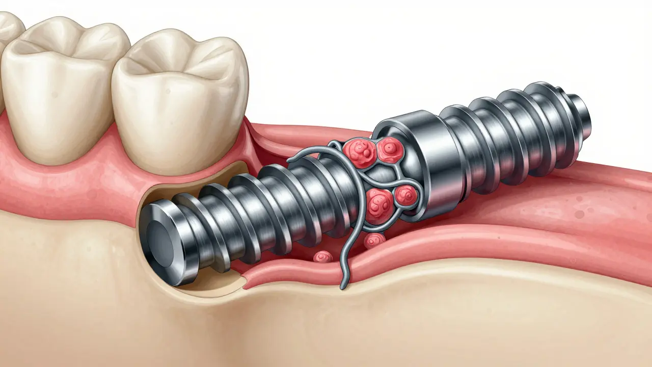 Detailní pohled na propojení titanového implantátu s kostí čelisti