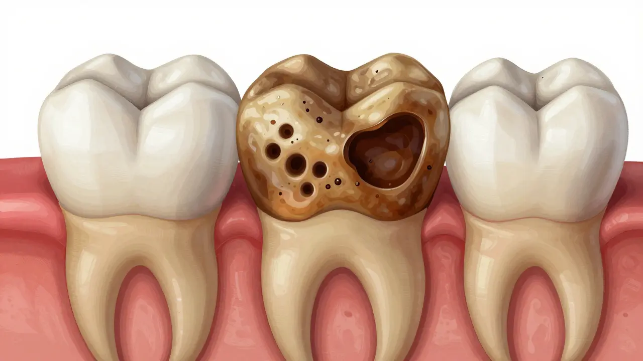 Detailní pohled na zub s hnědým zabarvením emalty a poškozením dentinu v důsledku kazu.