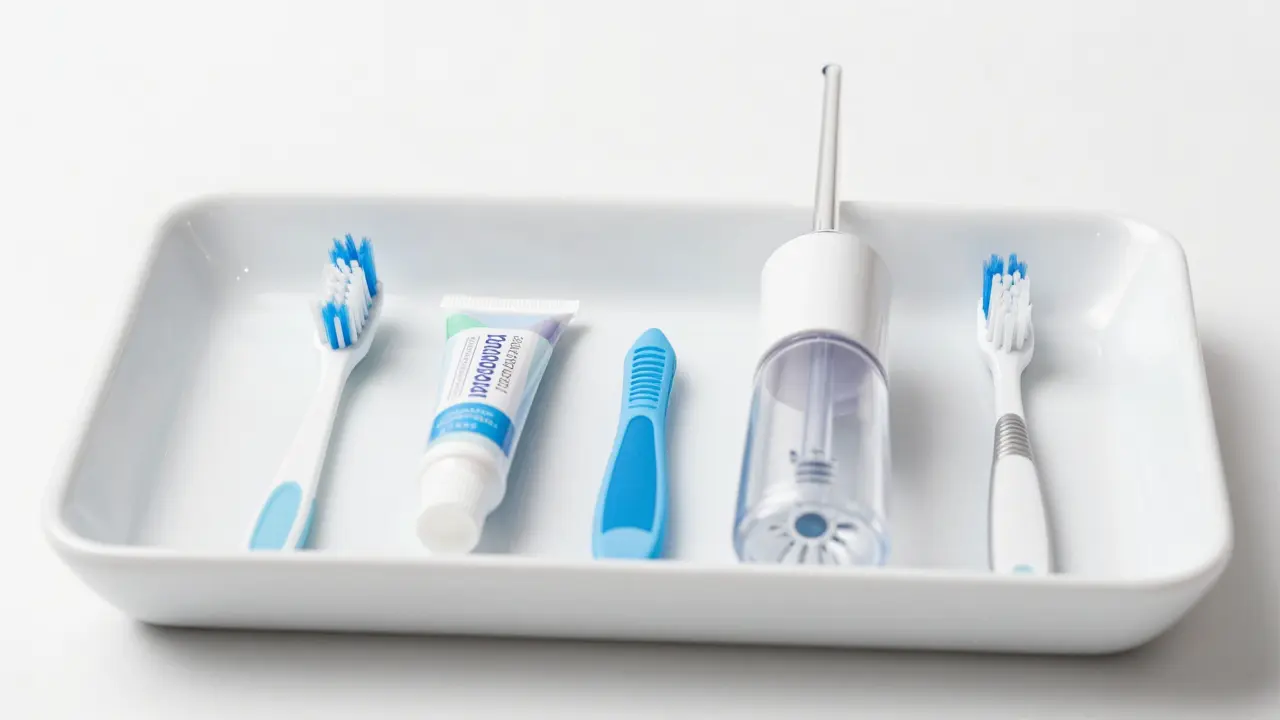 Hygienické pomůcky pro rovnátka na bílém podnose